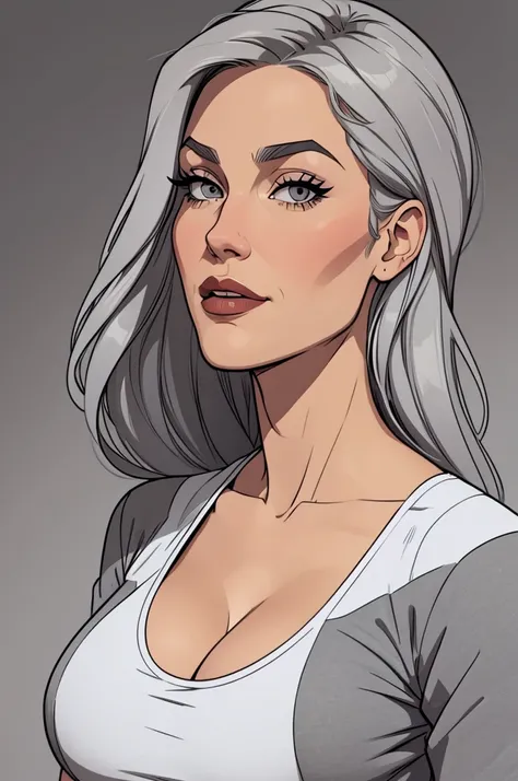 Flat colors, close up, portrait of a women, natural beaty, beautiful, casual, large fake breasts, clevage, grey hair,
simply dark grey background 