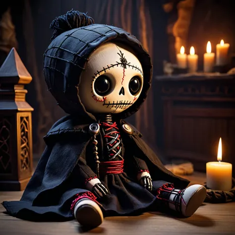 (knitted toy voodoo doll:1.5), (Voodoo Doll in the Kingdom of Shadows:1.3), (Clothing: shadowy attire with dark patterns:1.0), (Accessories: enchanted shadow cloak emitting eerie light, floating shadow creatures:1.1), (background: mysterious shadow realm w...