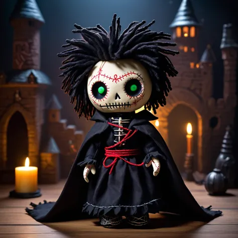 (knitted toy voodoo doll:1.5), (Voodoo Doll in the Kingdom of Shadows:1.3), (Clothing: shadowy attire with dark patterns:1.0), (Accessories: enchanted shadow cloak emitting eerie light, floating shadow creatures:1.1), (background: mysterious shadow realm w...