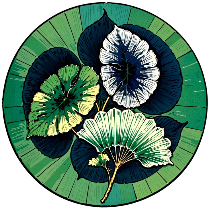 kamon,an indigo-green circle with a leaf pattern in the middle showing 3 equally large gingko leaves growing towards each other,...