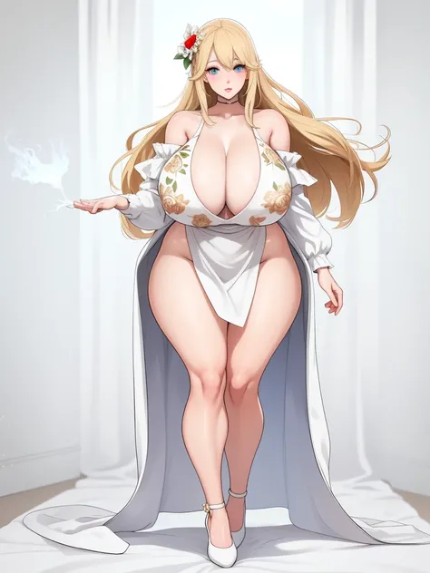 A woman, gold blonde long silky hair, big blue oceanic eyes, extremely super bright snow white fair stunning flawless glowing lush shiny white skin, and complexion, a perfect tight hourglass figure, wearing a short sexy loose revealing white floral dress w...