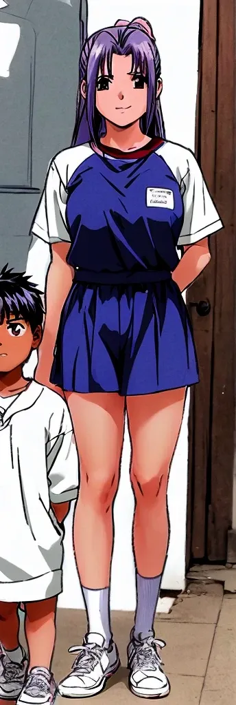 Momoko Koigakubo, a tall girl with beautiful legs, is standing there smiling in her white gym clothes and light navy blue bloomers that look like panties.。In front of Momoko, standing next to her, is a first grade boy wearing a tracksuit with a big smile o...