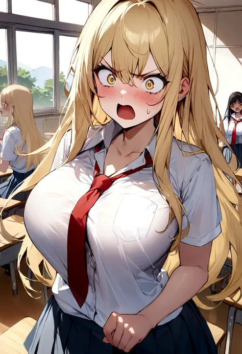 masterpiece、Highest quality、Best image quality、High resolution、Big Breasts、、School-Uniform、Red tie、Summer clothes、Blonde、Yellow Eyes、Long Hair、In the classroom、Angry、Surprised、An empty classroom