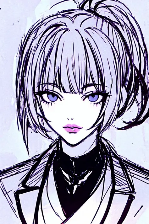 1 girl, villain, big anime cat eyes, bangs, Dull bangs, ponytail hair cut, closed mouth, lips, looking at the viewer, portrait, ponytail hair, sketch, solo, black formal uniform with a turtleneck shirt, portrait， 18 years old 