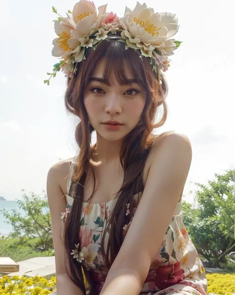 araffe with a flower crown on her head sitting on a bench, fairycore, belle delphine, flower crown, lotus floral crown girl, floral crown, portrait of japanese gyaru, floral headdress, wearing a floral crown, she has a crown of flowers, sakimichan, the flo...