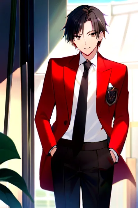 score_9, score_8_superior, score_7_superior, sauce_Anime BREAK 1 Boy, alone, Male Focus, Sen 1 Lian, Black Hair, , Red Blazer, tie, Black trousers, Outdoor, Are standing, Put your hands in your pockets, View your viewers, smile