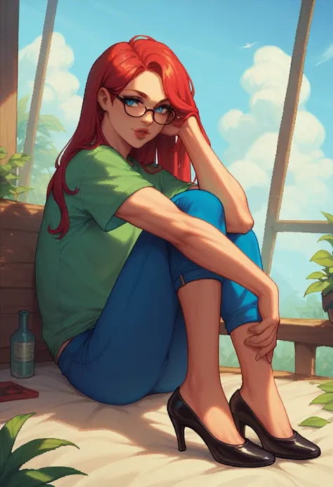 score_9, score_8_up, score_7_up, score_6_up, pixel art of a woman, pale, smooth skin, blue eyes, long straight red hair, full lips, slender physique, green t-shirt, glasses, blue pants, black heels
