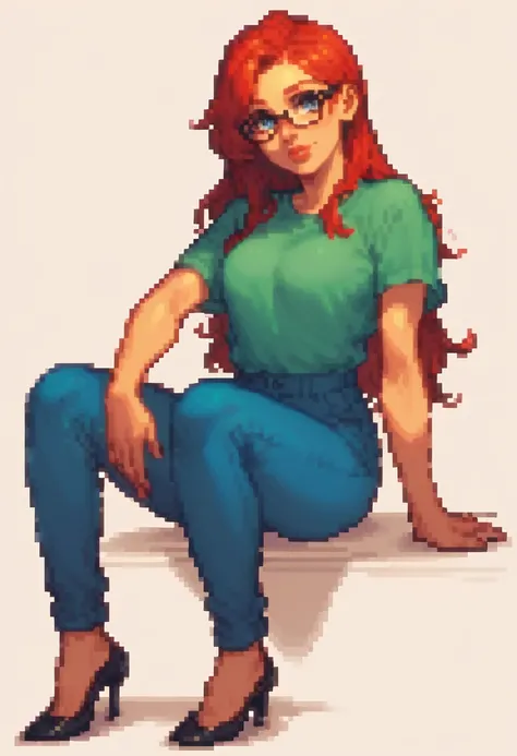 score_9, score_8_up, score_7_up, score_6_up, pixel art of a woman, pale, smooth skin, blue eyes, long straight red hair, full lips, slender physique, green t-shirt, glasses, blue pants, black heels
