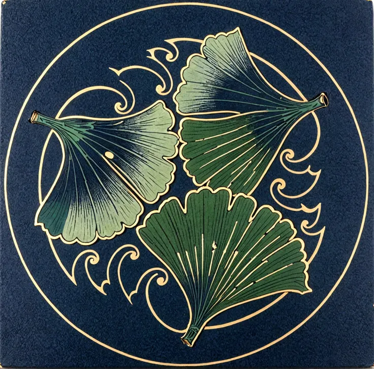 kamon,an indigo-green circle with a leaf pattern in the middle showing 3 equally sized gingko leaves growing towards each other,...