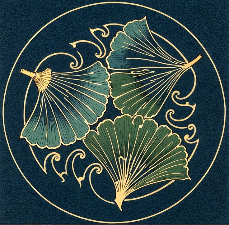 kamon,an indigo-green circle with a leaf pattern in the middle showing 3 equally sized gingko leaves growing towards each other,...