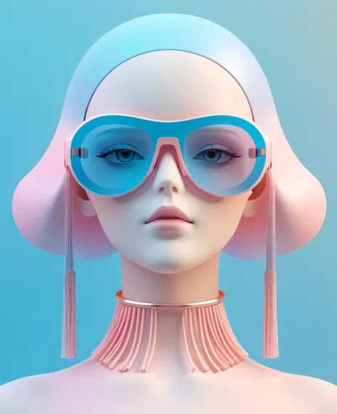 3d illustration of upper body and face of artificial intelligence model wearing futuristic glasses, stylish glasses with tassels...