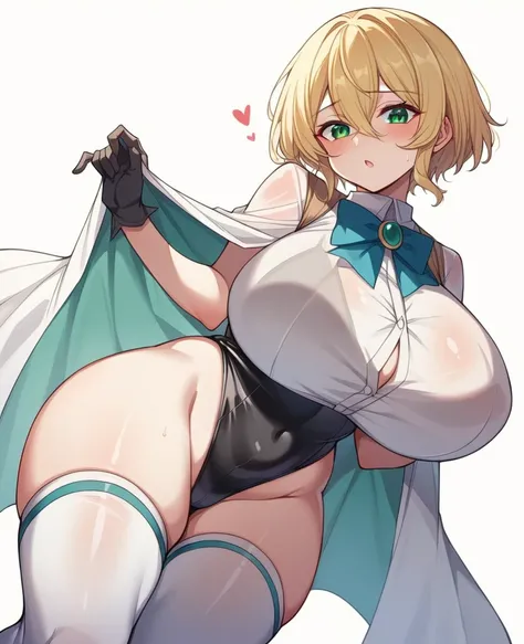 （One girl）、((short hair))、((Blonde))、（Sato Air）、(boyish)、gigantic breasts、(plump)、(Big thighs)、green eyes、Black leotard、White vest、Princess Knight、((hairs between eyes))、((thigh-high socks thighhighs))、(long gloves)、say、((see-through))