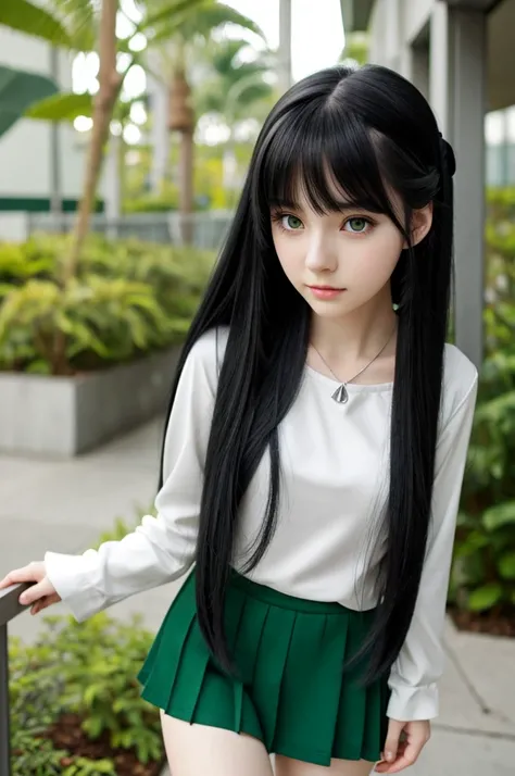 Anime girl with long black hair with emerald eyes and pale skin. Wearing a comfy and yet simple green outfit no skirts and long sleeves with a silver orchid hairclip. 