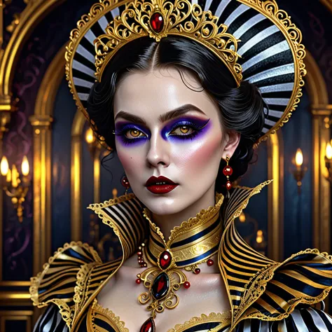 Victorian vampire makeup, in the style of striped painting, mystic art,
intricately textured, colorful costumes, mixed the style of futuristic
glamour and rococo-inspired art, bold and busy, gold and black, gloomcore,
intricate artwork masterpiece, golden ...