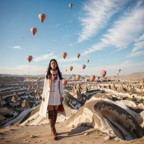 A beautiful 26 year old Indonesian woman wearing a white coat, scarf and high boots poses elegantly with several giant colorful balloons in the sky of Cappadocia, Turkey.