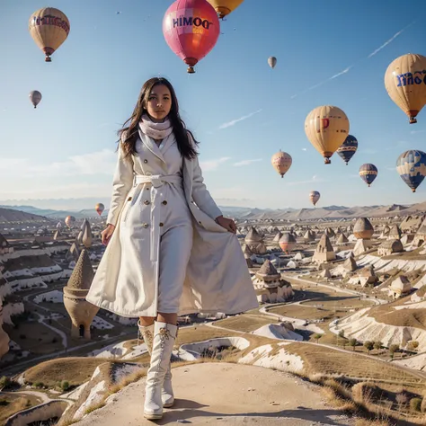 A beautiful 26 year old Indonesian woman wearing a white coat, scarf and high boots poses elegantly with several giant colorful balloons in the sky of Cappadocia, Turkey.