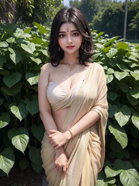 (((desi girl))), chubby face, natural skin, wearing saree without blouse  charming black hair, Badi Choti ((hair ends are blonde)) Chehre per smile jor se Hans rahi ho Khet Mein Bada gana Khet background, sexy pose seductive to viewers 