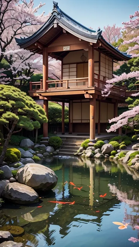 (digital painting),(best quality), serene japanese garden, cherry blossoms in full bloom, koi pond, footbridge, pagoda, ukiyo-e ...