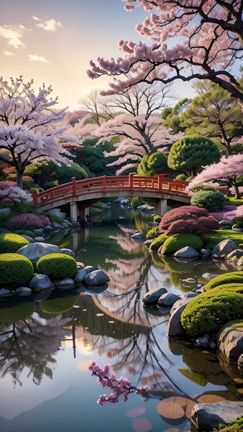 (digital painting),(best quality), serene japanese garden, cherry blossoms in full bloom, koi pond, footbridge, pagoda, ukiyo-e ...