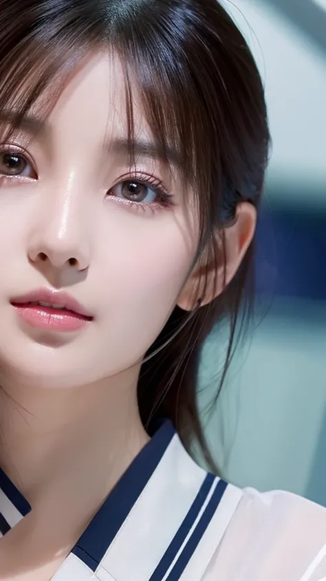 A Korean women with  siren eyes, small straight pointy nose, wide plumb lips with hazel eyes, small face with v jawline and clear glass pale skin