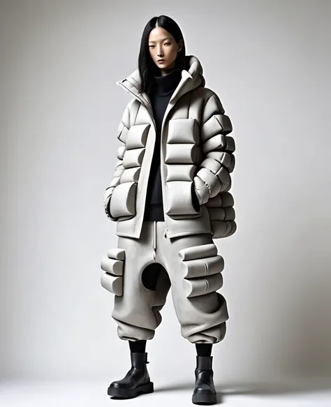 a hybrid aesthetic inflatable jacket that combines the aesthetics of a cinderblocks/concrete with woodworking/mending. destroyed with holes. wrapped in rebar. Blocky. Lots of inflated pockets soft inflatable concrete suit with wooden accents. The story of ...