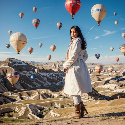 A beautiful 26 year old Indonesian woman wearing a white coat, scarf and high boots poses elegantly with several giant colorful balloons in the sky of Cappadocia, Turkey.