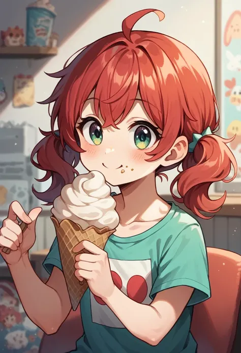 cute girl, 18 years, eating popcorn and ice cream, smiling, red hair, pixer cartoon, class room, 