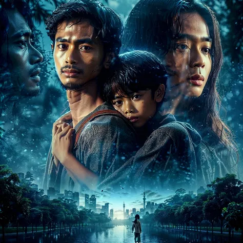 romantic indonesian film poster, about long distance love, close up shot of a man and a 10 year old boy walking in a park while ...