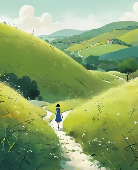 A woman walks along the path between many green hills, in the style of Hergé and Goro Fujita. The ground is covered with grasses and there is plenty of space around her, creating an atmosphere of calmness and tranquility.