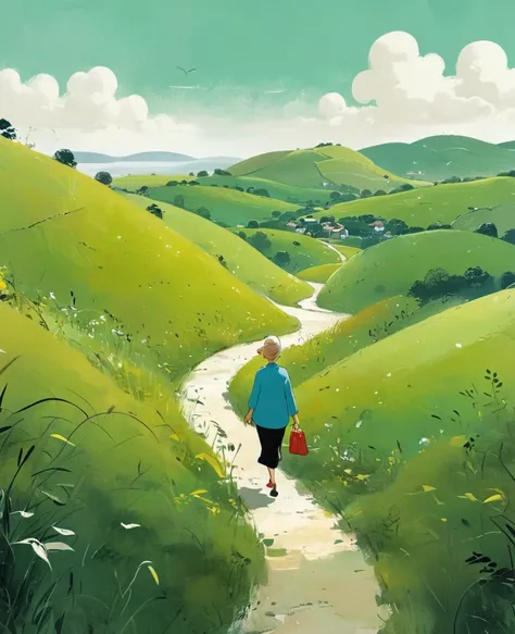 A woman walks along the path between many green hills, in the style of Hergé and Goro Fujita. The ground is covered with grasses and there is plenty of space around her, creating an atmosphere of calmness and tranquility.