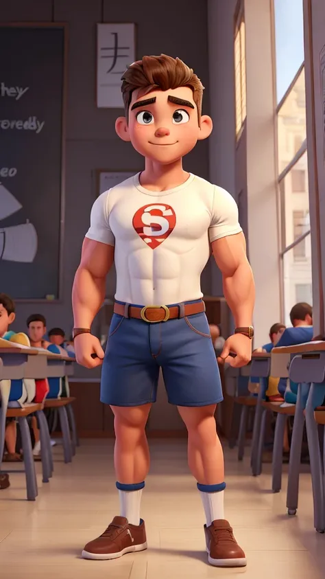 A handsome, well-muscled 12-year-old teenager on steroids, very strong, with a waist measuring 45 centimeters in circumference, super extremely narrow, extremely thin waist, giant niceps, happy in the classroom, tight uniform, short shorts, alongside your ...