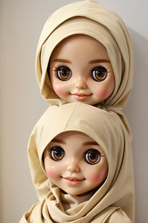 blythe doll with brown eyes and cream hijab smiling 