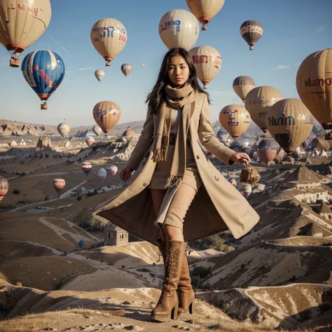 A beautiful 26 year old Indonesian woman wearing a beige coat, scarf and high boots poses elegantly with several giant colorful balloons in the sky of Cappadocia, Turkey.