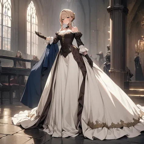 Top quality, masterpiece, medieval European style, upper class, lady, long dress, ティアラ, long gloves