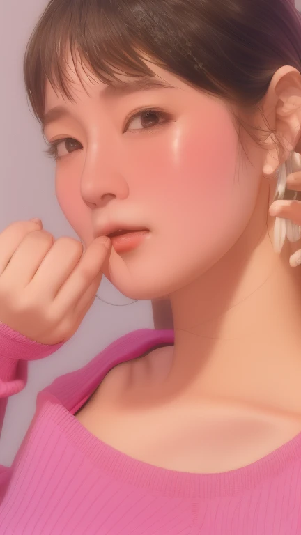 Captured by a professional photographer、, Ultra-high resolution, Accurate, Anatomically correct, Textured skin, Super detailed, Attention to detail, Highest quality, 8K, A Japanese woman wearing a pink sweater holds her hands over her ears, Riho Yoshioka,　...