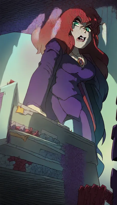 An attractive sexy hex girl with a big breast wears red hair, a tousled cut, her green eye, wears a purple button-down office coat and a long purple skirt with a black heel. 