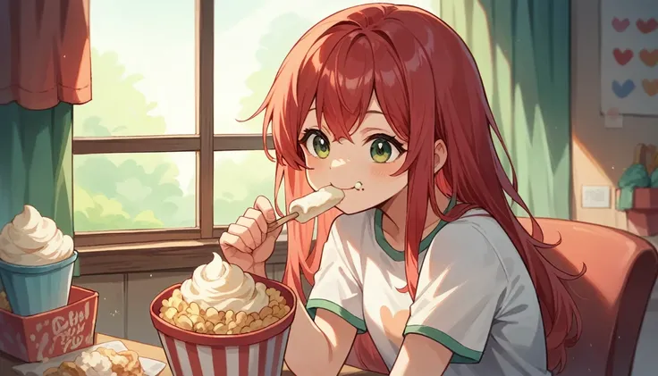 cute girl, 18 years, eating popcorn and ice cream, smiling, red hair, class room,