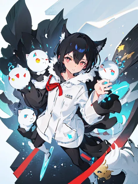 snow cat boy,ears and tail with black spots,White fur,messy black hair,Red eyes, extroverted and arrogant (unique poses) (shiny backgrounds)