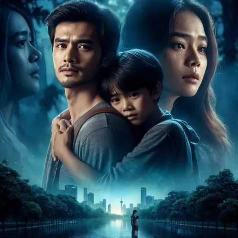 romantic Indonesian film poster, about long distance love, close up shot of a man and a 10 year old boy walking in a park while hugging, in the background there is a woman with long hair crying while looking at the two of them, they are gaze at the camera,...