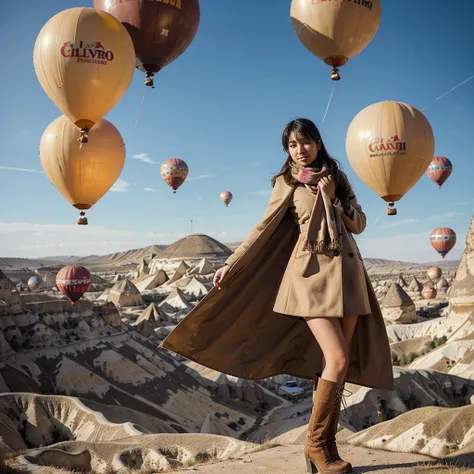 A beautiful 26 year old Indonesian woman wearing a beige coat, scarf and high boots poses elegantly with several giant colorful balloons in the sky of Cappadocia, Turkey.