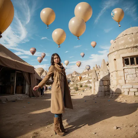 A beautiful 26 year old Indonesian woman wearing a beige coat, scarf and high boots poses elegantly with several giant colorful balloons in the sky of Cappadocia, Turkey.