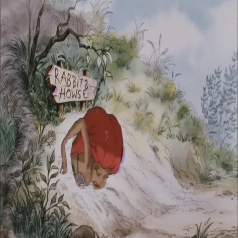 peinture d&#39;un homme avec un chapeau rouge et une chemise rouge penché sur une pancarte, Animation de Don Bluth, Marc Davis artwork, Winnie l&#39;ourson, film tiré d&#39;un dessin animé, Marc Davis, film d&#39;animation, Disney 2D Animation Traditionnel...