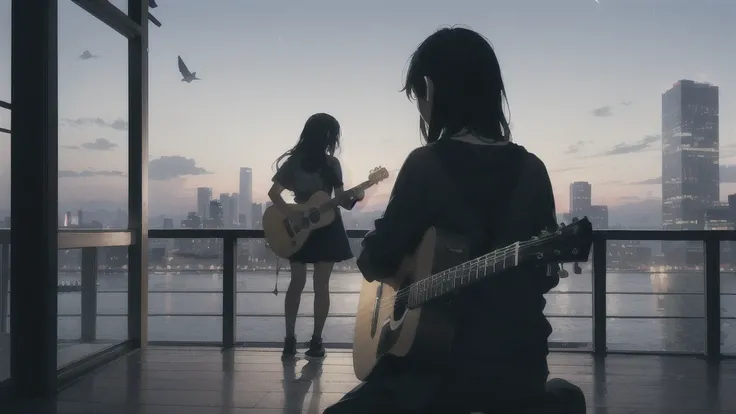 深night,暗いnight空,Octane, null, star (null), scenery, Blue parakeet,Acoustic guitar,starnull, night, One Girl, Back view,nightnull, alone, Outdoor, Blue parakeet,building, cloud, milky way, Sitting, wood, Long Hair, Acoustic guitarが近くにある,city, silhouette