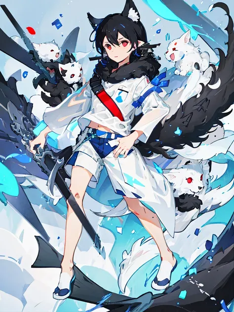 ,ears and tail with black spots,White fur,messy black hair,Red eyes, extroverted and arrogant,white long sleeve shirt and short blue shorts