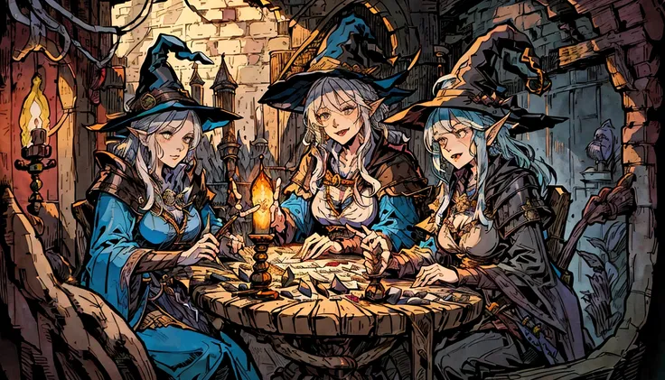 witch and wizard gathering in a tavern with candles and a clock, lawther sit at table playing dnd, high quality dnd illustration, roleplaying game art, dnd , fantasy card game art, card game illustration, dnd card art, epic fantasty card game art, a multid...