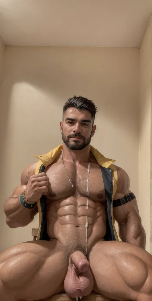 (masterpiece, intricately detailed, highest resolution, best quality:1.2), (doujin), a cocky Latino Instagram influencer, a 24 y.o muscle stud with a muscular physique sitting on a chair with black eyes,dark-skinned male, wearing a ((open jacket, chav, arm...