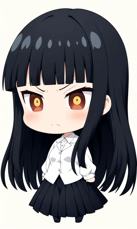 angry、Disgusting eyes、chibi(style),whole body、Black Hair、blunt bangs、Semi-long hair、White shirt,Black Stretched Skirt、1 girl, 2D CG, Advanced digital anime art, anime character、Background white