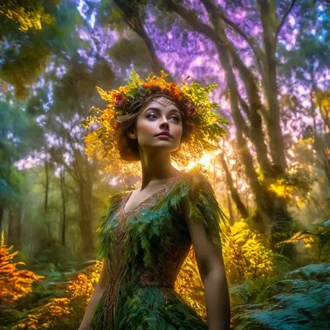 a beautiful forest at dawn, idyllic, magical, majestic, epic lighting, 8k, 1 girl, face detailed, detailedeyes, detailed lips, l...