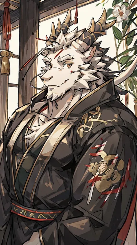 (white eastern dragon),furry,white mustache,big pecs,hearty males,muscular,black imperial robe,naked,adult,traditional_chinese_room,head portrait,scar,blood