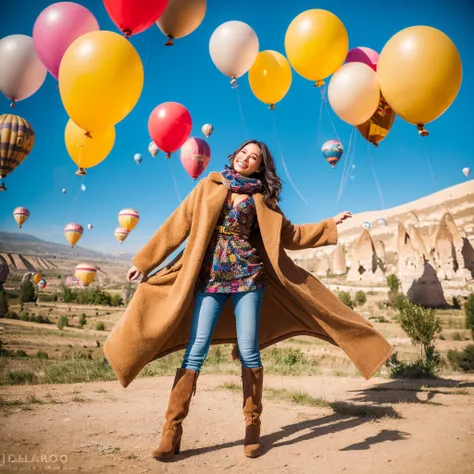 A beautiful 26 year old Indonesian woman wearing a beige coat, scarf and high boots poses elegantly with several giant colorful balloons in the sky of Cappadocia, Turkey.